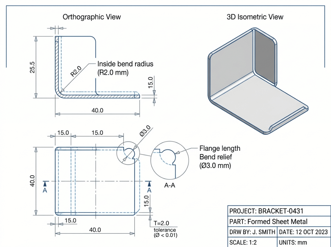 Bend radius, flange, and relief callouts Bend radius, flange, and relief callouts