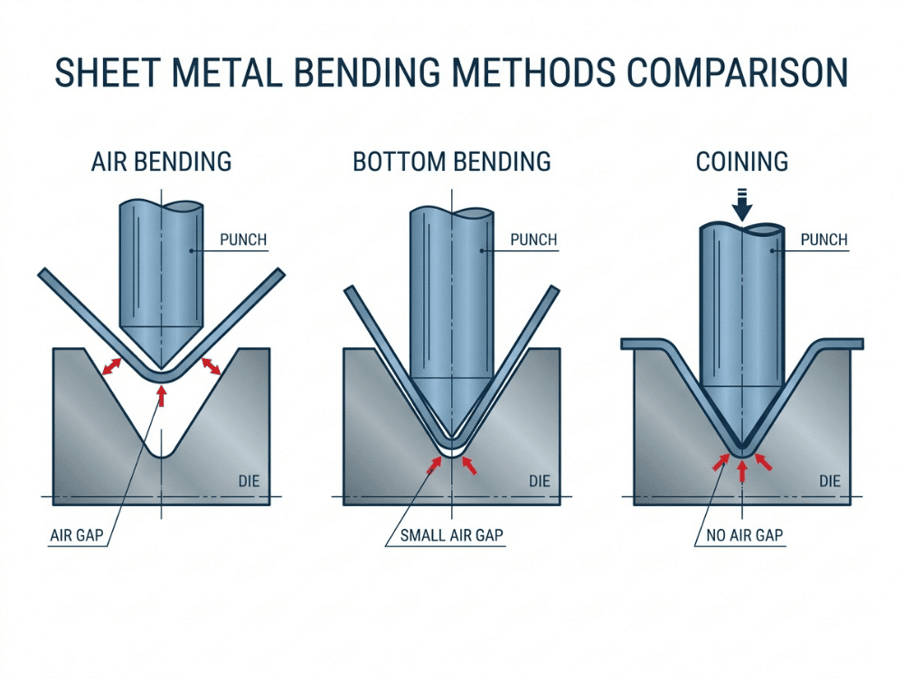 Comparison diagram of air bending, bottom bending, and coining in sheet metal fabrication Comparison diagram of air bending, bottom bending, and coining in sheet metal fabrication