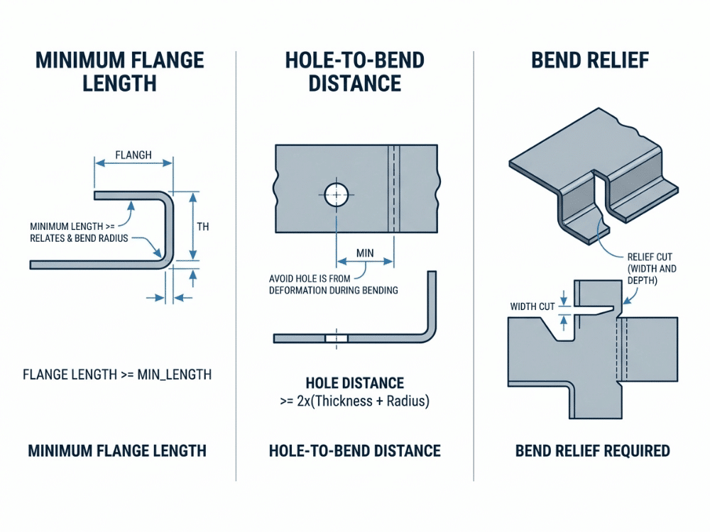Engineering diagram showing minimum flange length, hole to bend distance, and bend relief in sheet metal design Engineering diagram showing minimum flange length, hole to bend distance, and bend relief in sheet metal design