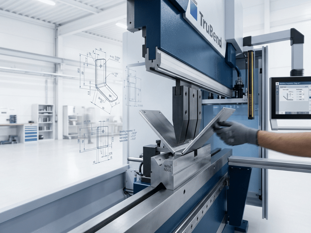 Press brake bending a sheet metal part in a clean industrial manufacturing environment