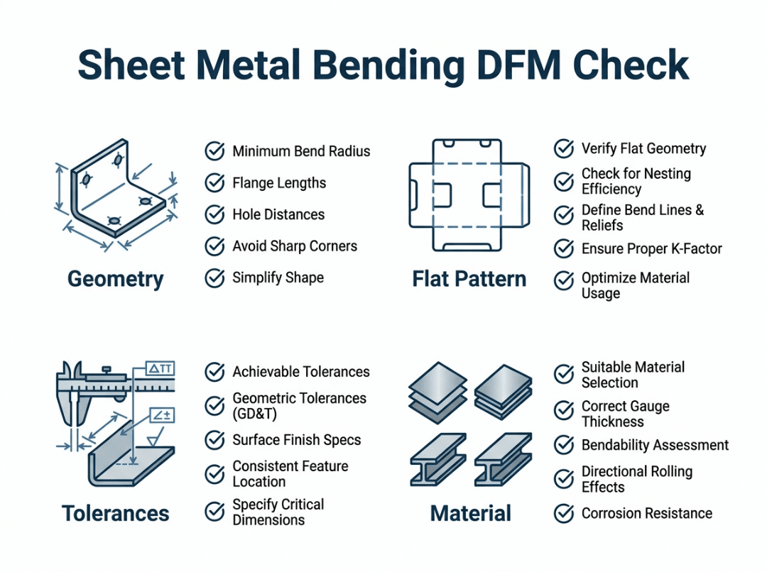 Sheet metal bending DFM checklist infographic Sheet metal bending DFM checklist infographic