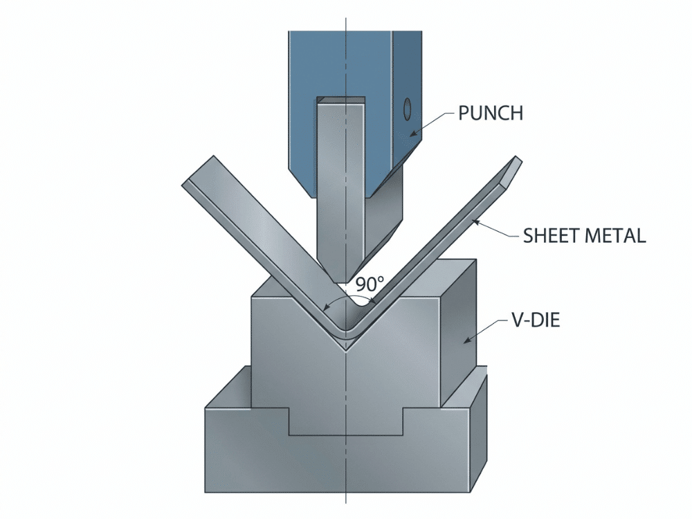 Side view diagram of a press brake showing punch, V die, and sheet metal during bending Side view diagram of a press brake showing punch, V die, and sheet metal during bending