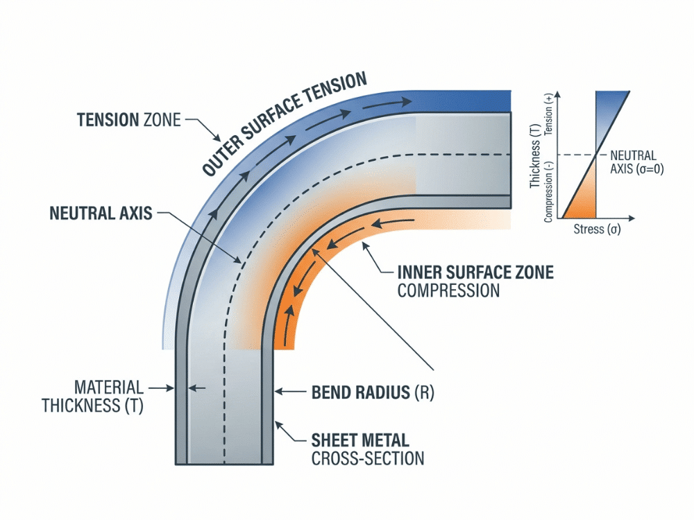 Technical diagram showing outer tension, inner compression, and neutral axis in sheet metal bending Technical diagram showing outer tension, inner compression, and neutral axis in sheet metal bending