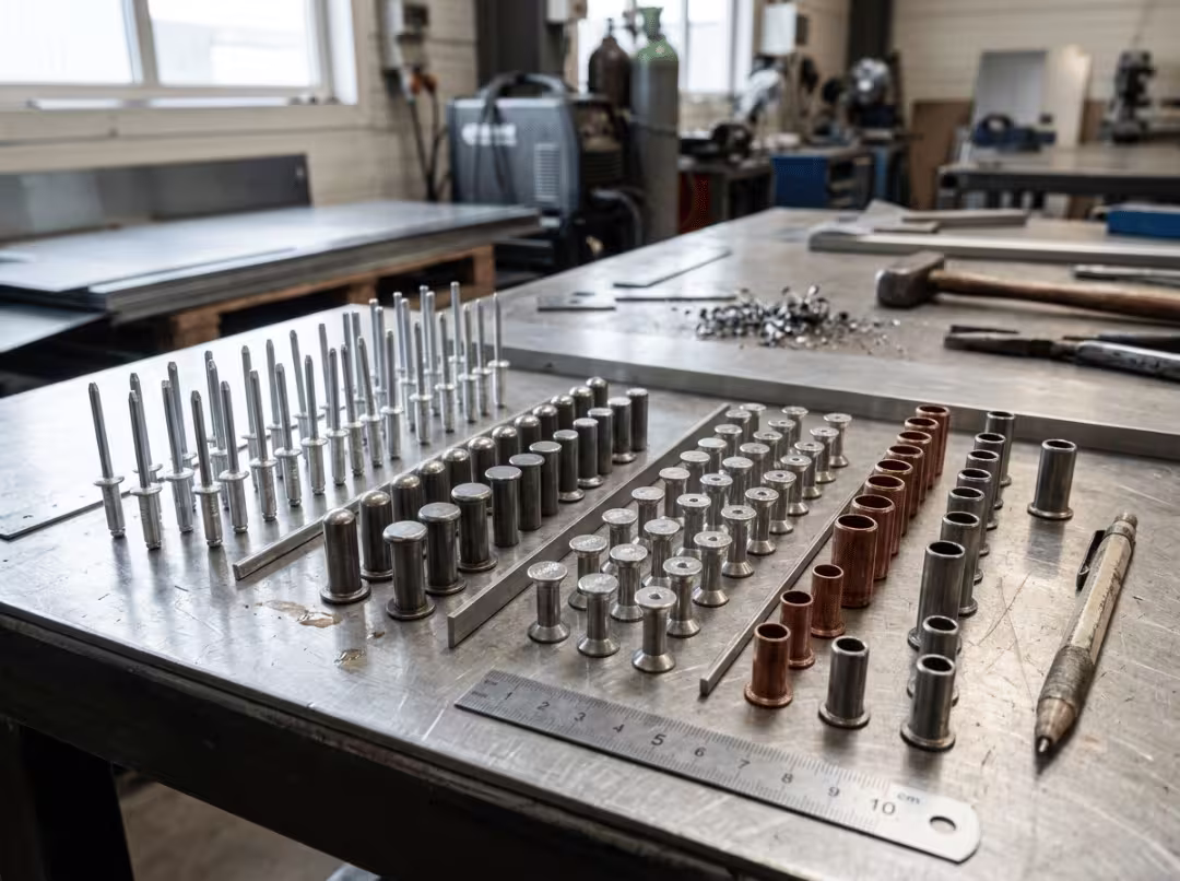 Assorted metal rivets on a workbench