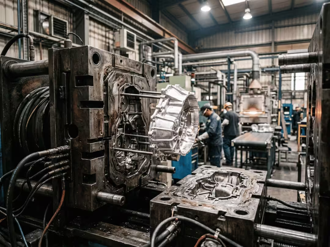Die casting machine ejecting aluminum part