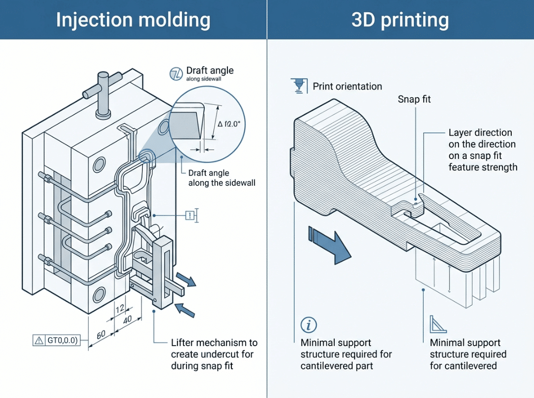 Molded vs printed snap fit design Molded vs printed snap fit design