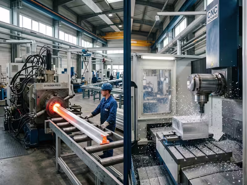 Aluminum extrusion press beside CNC machining setup