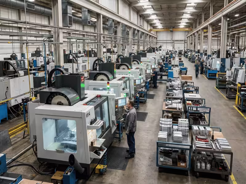 Busy CNC shop floor with multiple machines running Busy CNC shop floor with multiple machines running