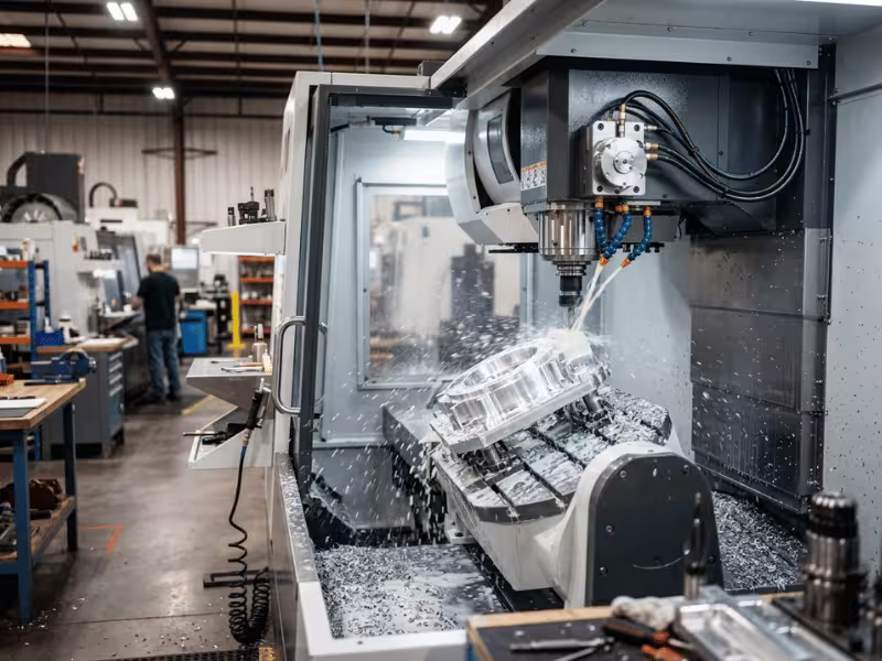 CNC machine cutting a metal part on shop floor