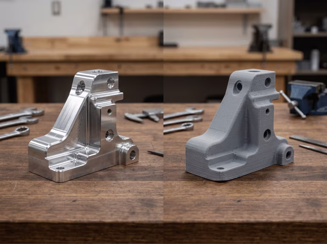 CNC machined metal part beside 3D printed plastic version CNC machined metal part beside 3D printed plastic version