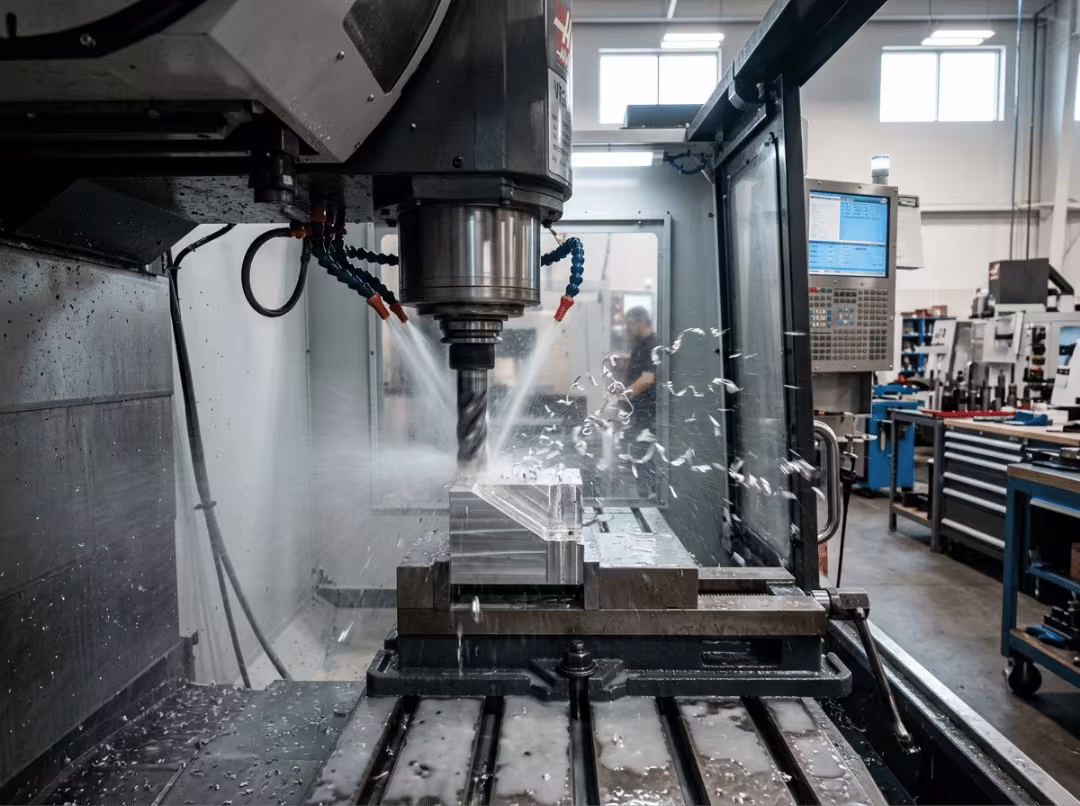 CNC mill cutting aluminum block with coolant spray CNC mill cutting aluminum block with coolant spray