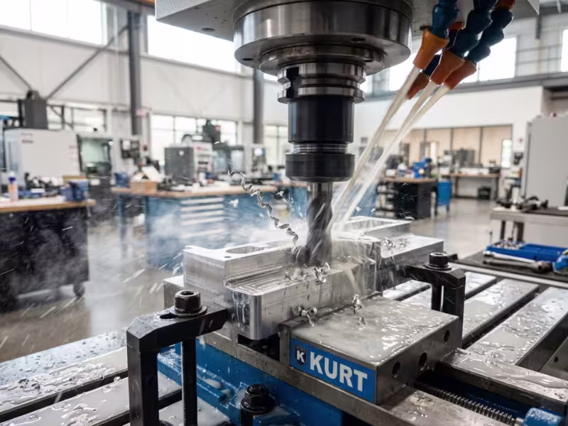 CNC milling machine cutting a metal part with coolant spray