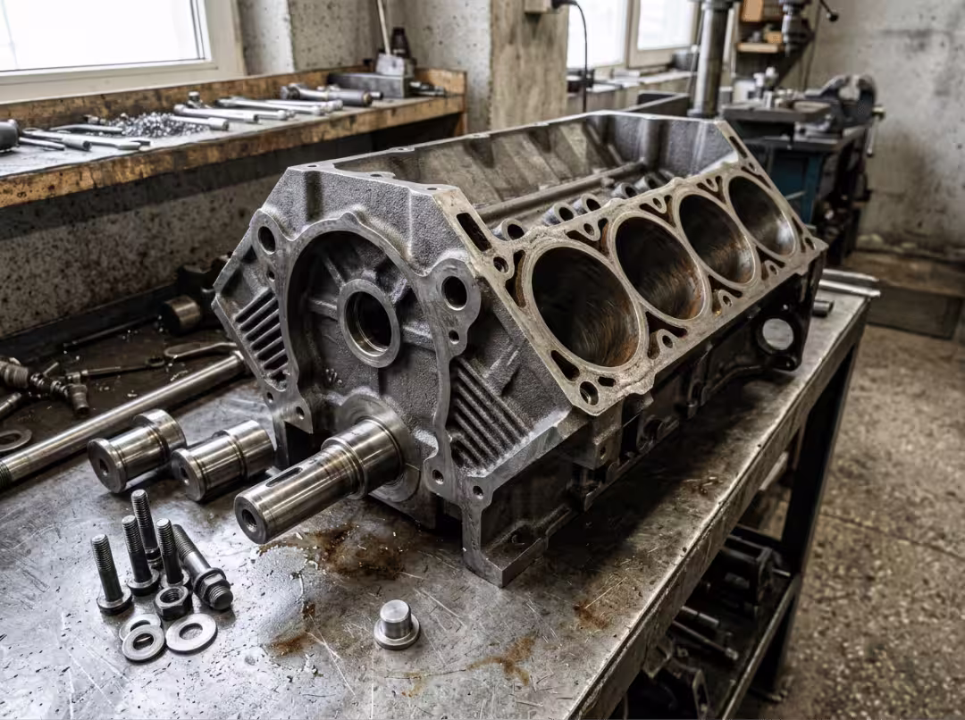 Cast iron engine block with steel components Cast iron engine block with steel components
