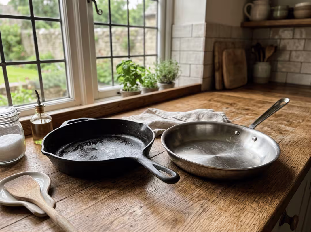 Cast iron skillet next to stainless steel pan Cast iron skillet next to stainless steel pan