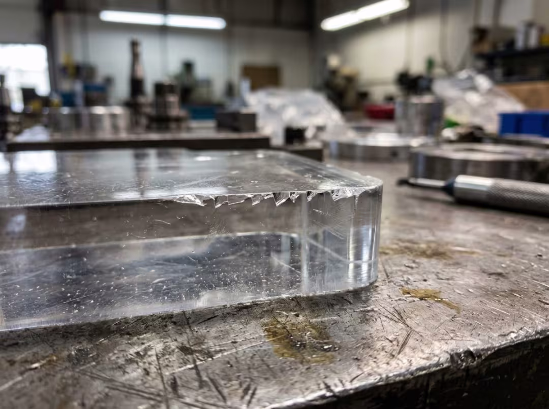 Chipped acrylic edge from CNC machining Chipped acrylic edge from CNC machining