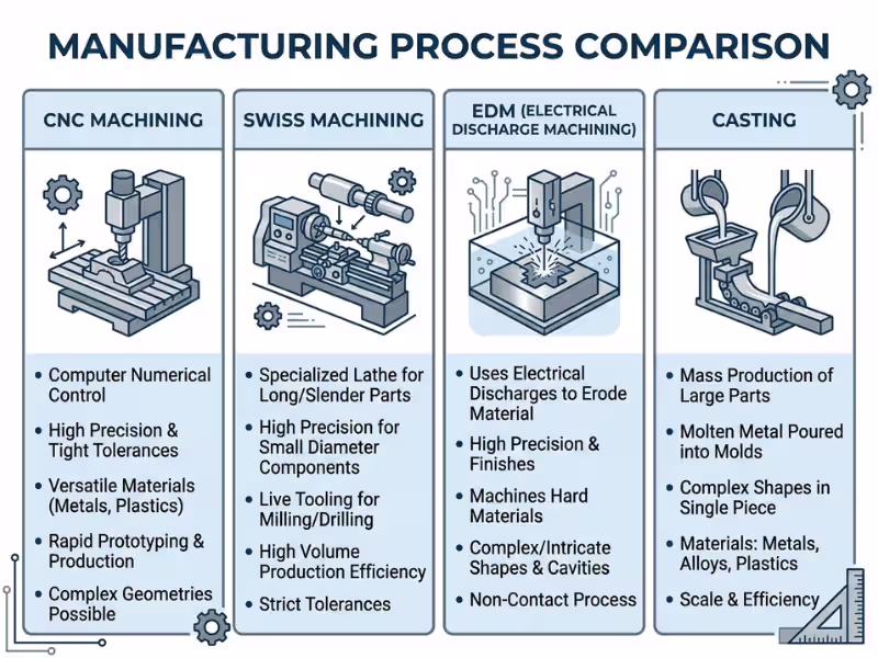 Comparison chart of CNC, Swiss machining, EDM, and casting processes Comparison chart of CNC, Swiss machining, EDM, and casting processes