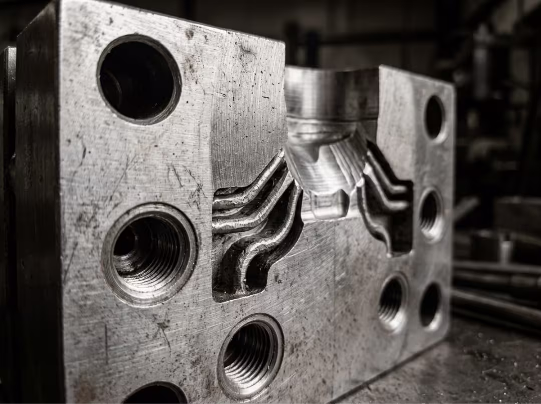 Cooling channels drilled into a mold block Cooling channels drilled into a mold block