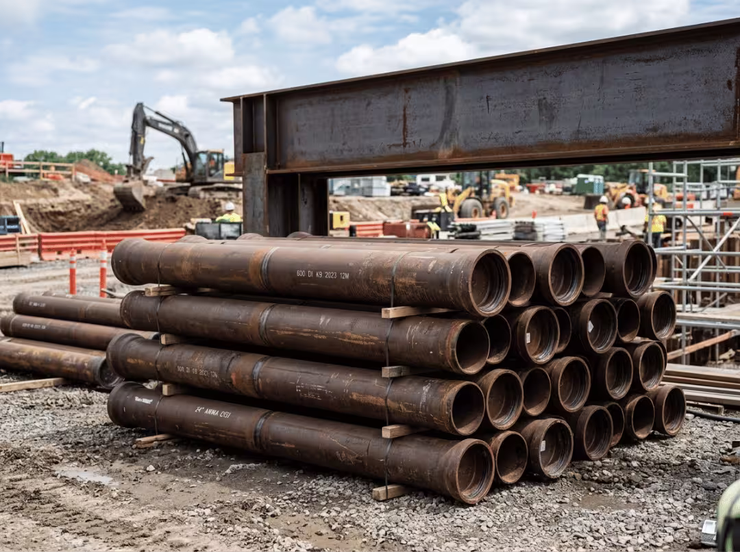 Ductile iron pipes at construction site Ductile iron pipes at construction site