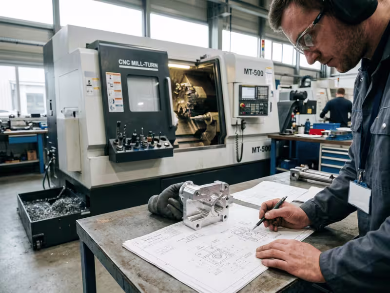 Engineer reviewing a machined part near a mill turn machine Engineer reviewing a machined part near a mill turn machine