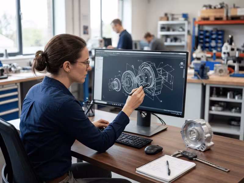 Engineer reviewing a technical drawing with a machined part Engineer reviewing a technical drawing with a machined part