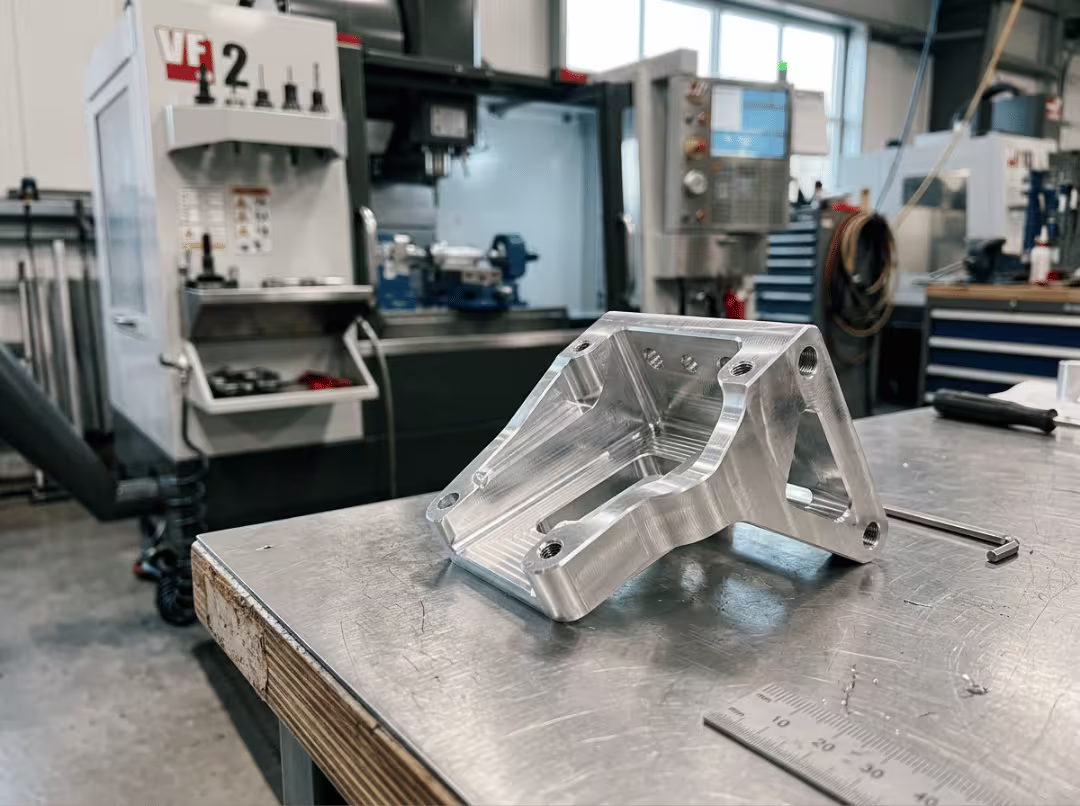 Freshly CNC machined aluminum prototype bracket on workbench