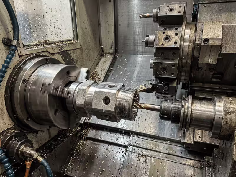 Hydraulic fitting being machined in a mill turn center Hydraulic fitting being machined in a mill turn center