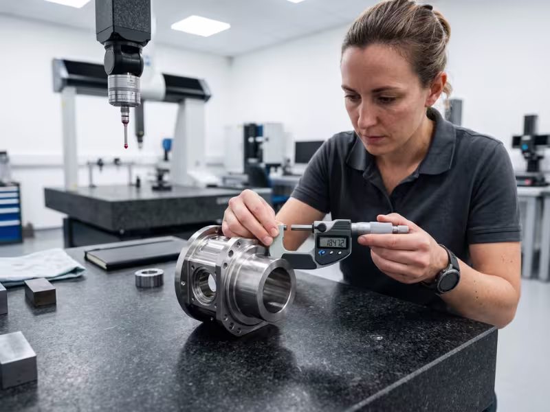 Inspector measuring a precision metal part with a micrometer Inspector measuring a precision metal part with a micrometer