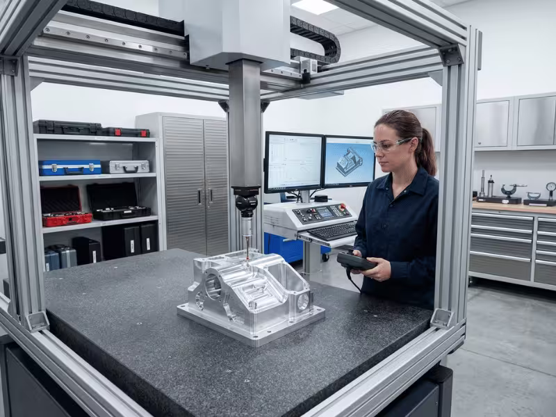 Machinist inspecting a metal part with a CMM Machinist inspecting a metal part with a CMM