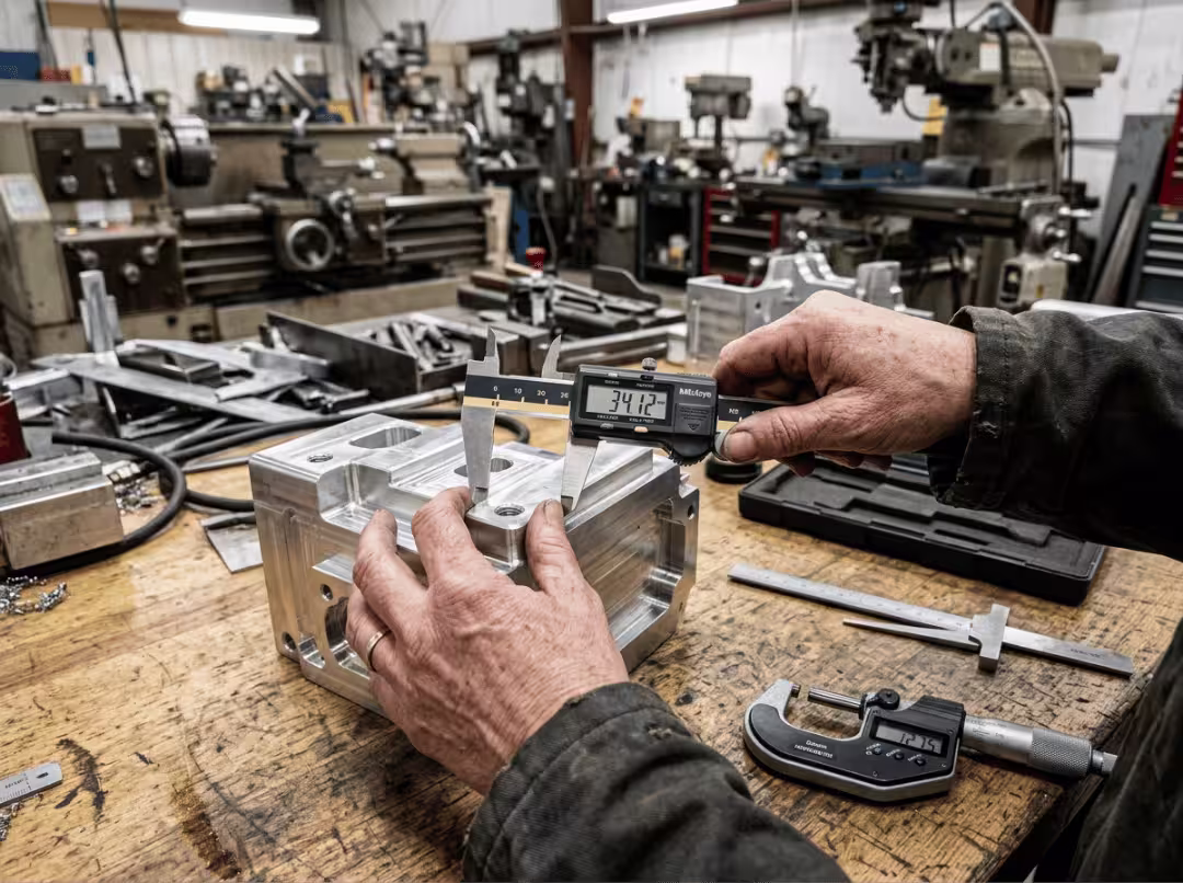 Machinist measuring metal prototype with digital calipers Machinist measuring metal prototype with digital calipers
