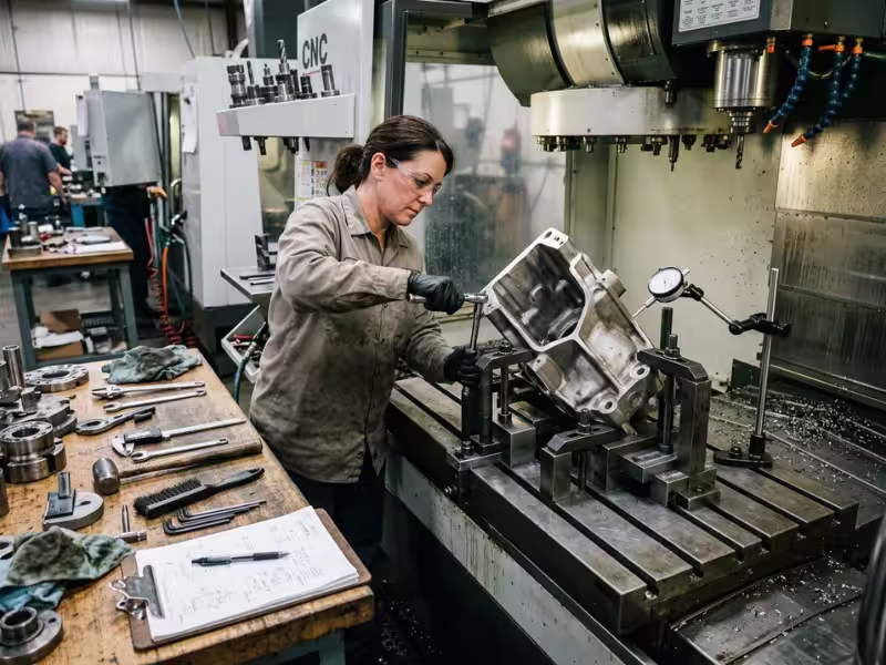 Machinist setting up a complex metal part with a custom fixture Machinist setting up a complex metal part with a custom fixture