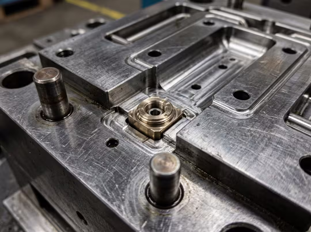 Metal insert positioned inside a mold cavity Metal insert positioned inside a mold cavity