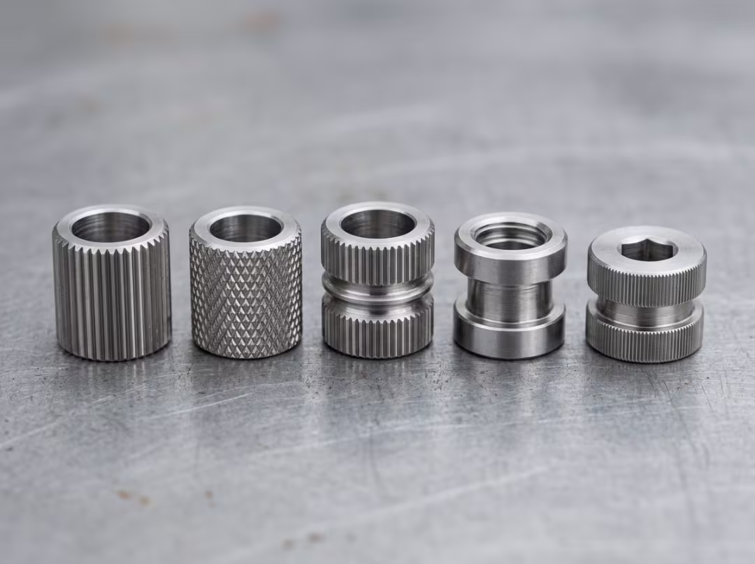Metal inserts with knurls grooves and undercuts Metal inserts with knurls grooves and undercuts