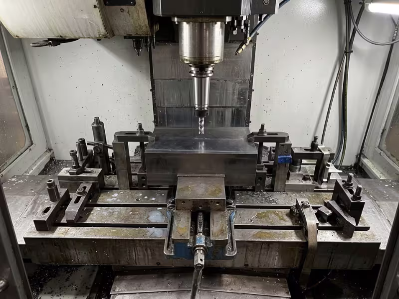 Metal part clamped in a CNC machine showing fixture and tool clearance Metal part clamped in a CNC machine showing fixture and tool clearance