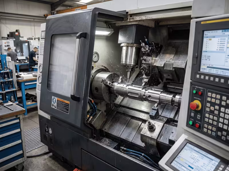 Mill turn CNC machine machining a complex metal part