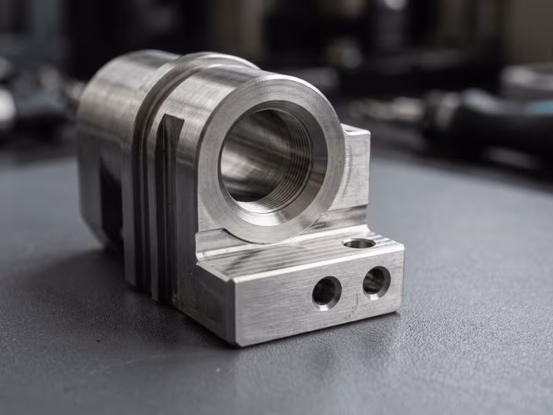Precision machined part with aligned milled and drilled features Precision machined part with aligned milled and drilled features