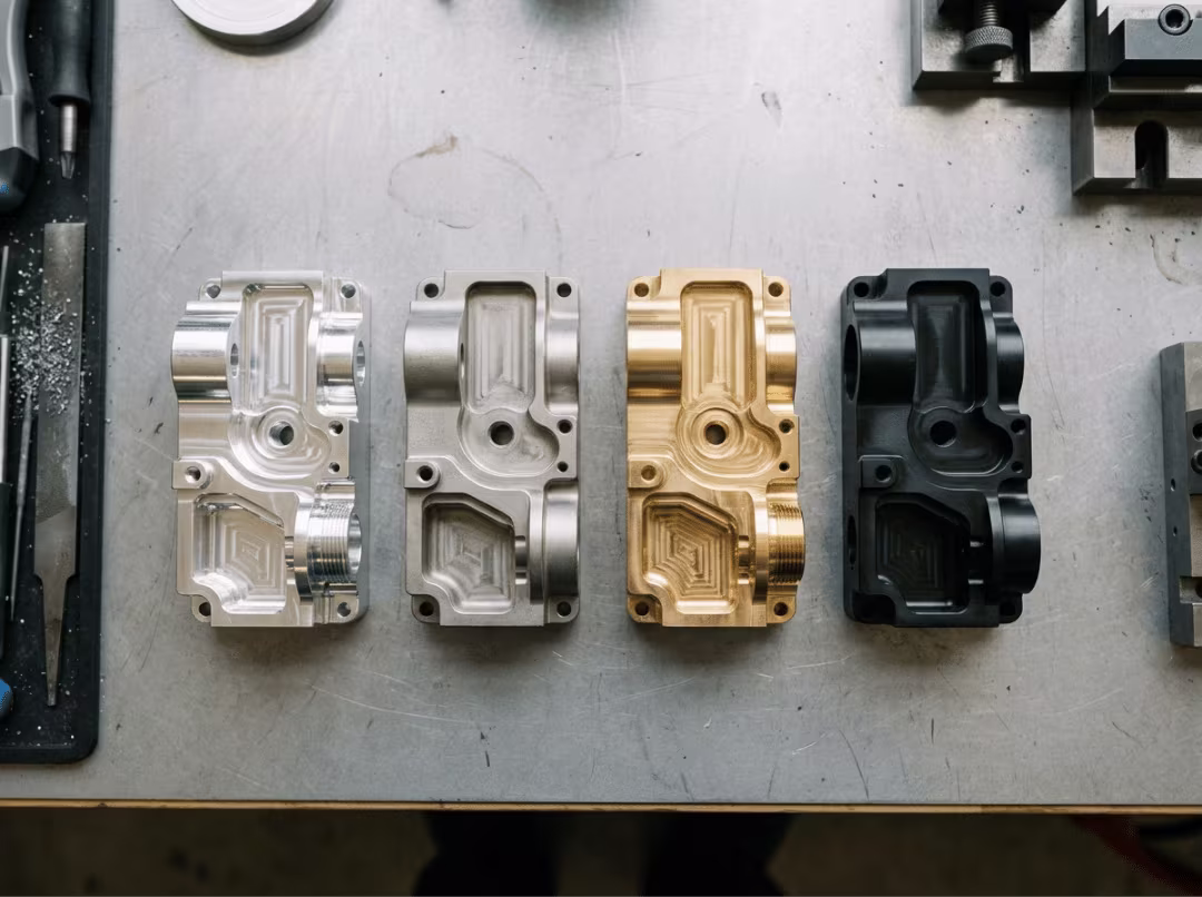 Row of CNC machined parts in different metals and plastic Row of CNC machined parts in different metals and plastic