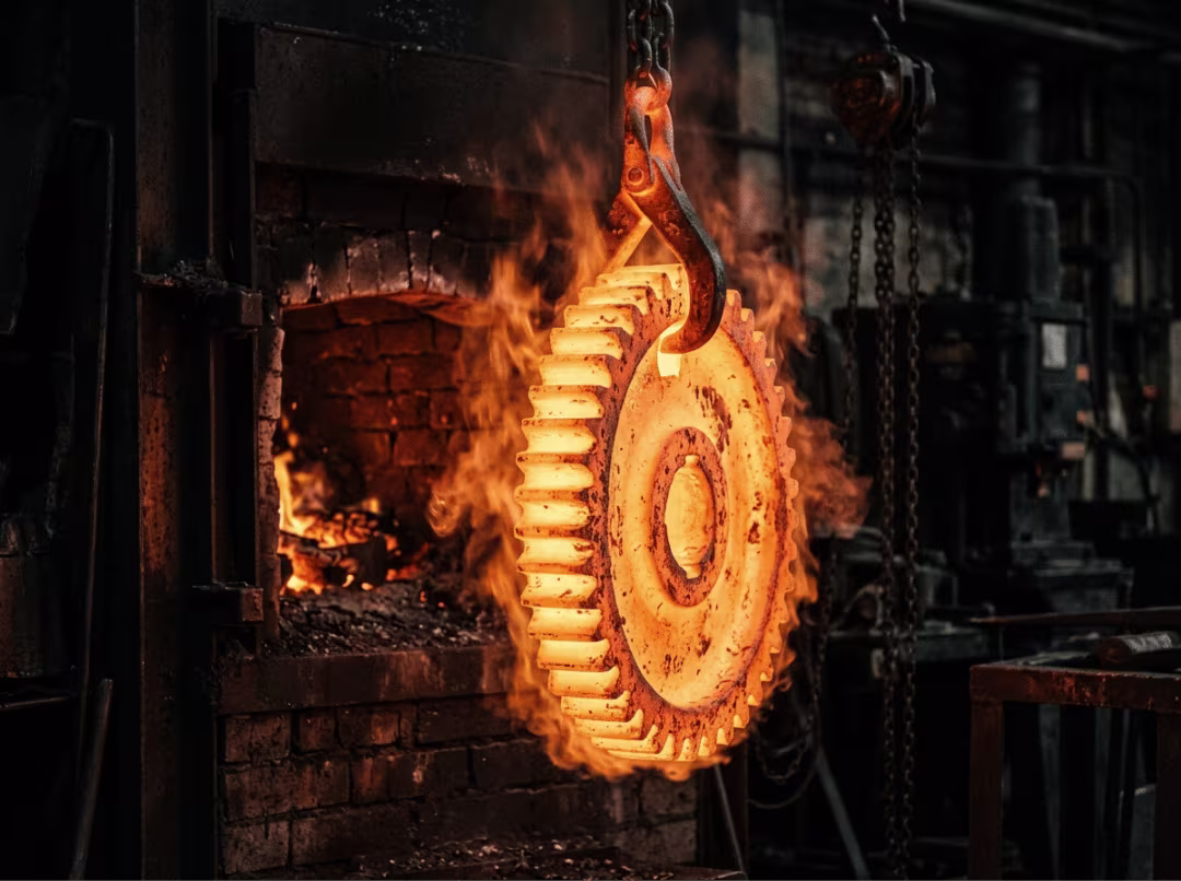 Steel gear glowing in heat treatment Steel gear glowing in heat treatment
