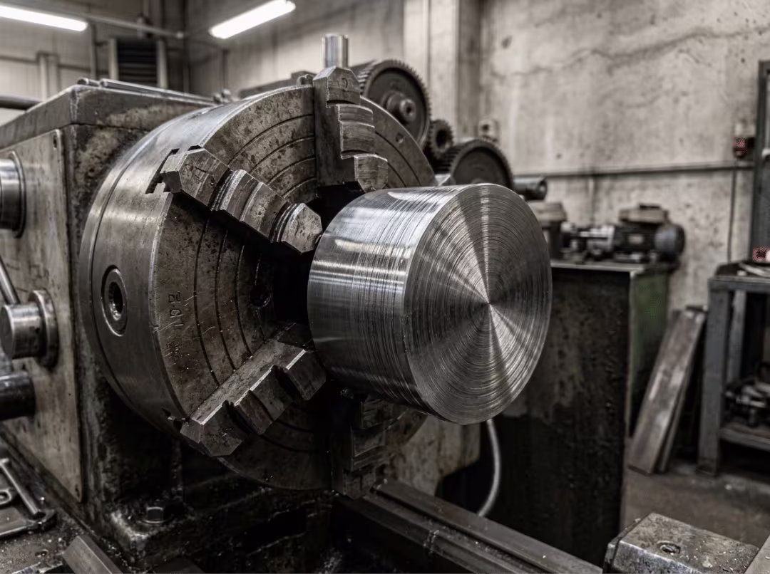 Turned steel gear blank on lathe Turned steel gear blank on lathe