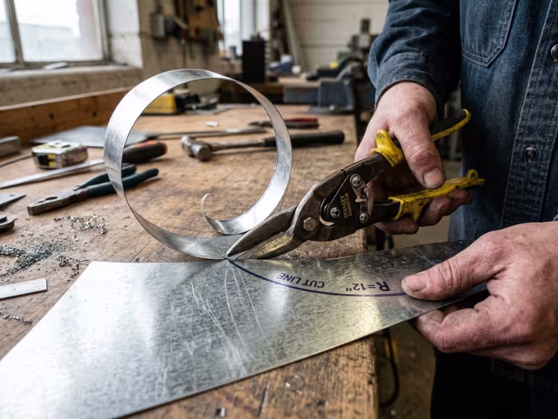 Aviation snips cutting a curved sheet metal line Aviation snips cutting a curved sheet metal line