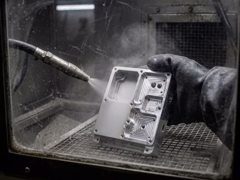 Bead blasting a CNC machined aluminum housing