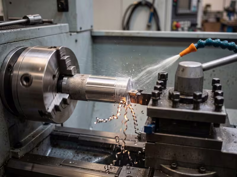 CNC lathe turning a steel shaft with coolant