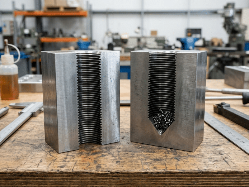 Cutaway of a tapped through hole and a blind hole Cutaway of a tapped through hole and a blind hole