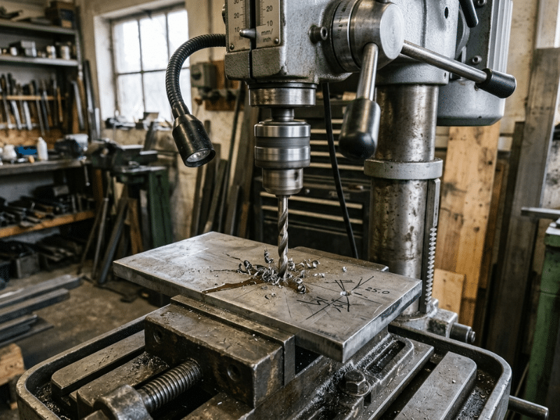 Drill press drilling a square pilot hole in a steel plate Drill press drilling a square pilot hole in a steel plate