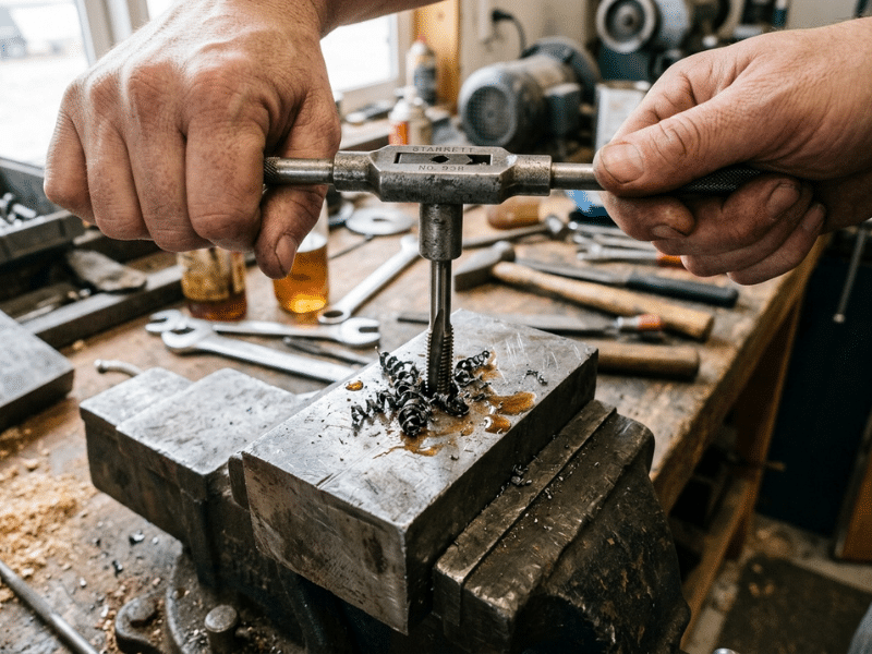 Hand tapping threads in a steel block clamped in a vise
