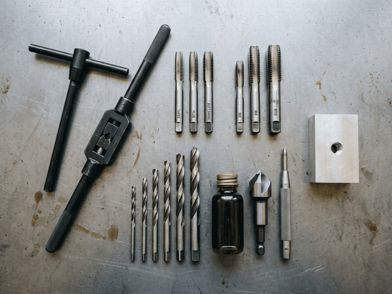Hand tapping tools including taps, tap wrenches, and drill bits Hand tapping tools including taps, tap wrenches, and drill bits