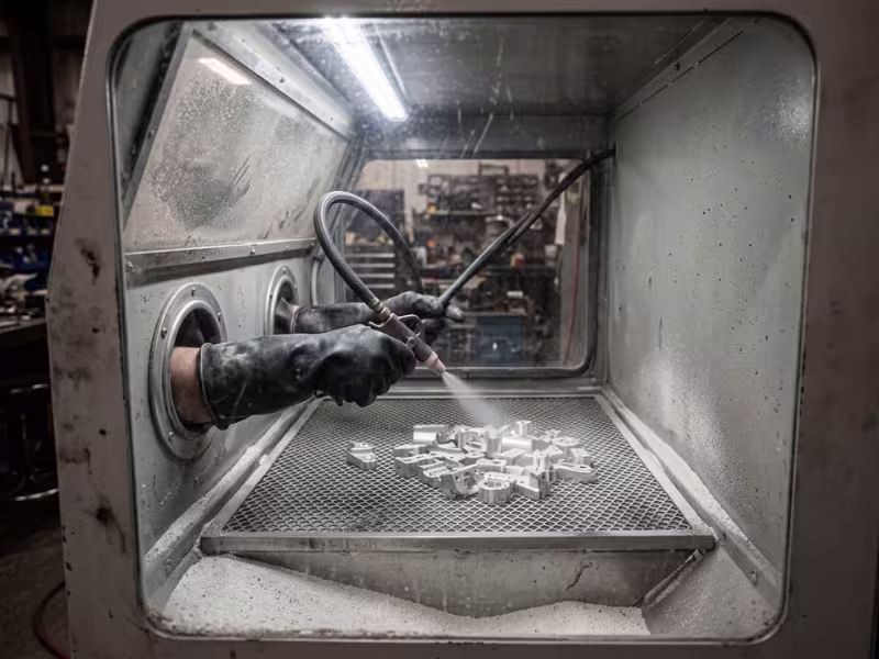 Inside a bead blasting cabinet with glass bead media Inside a bead blasting cabinet with glass bead media