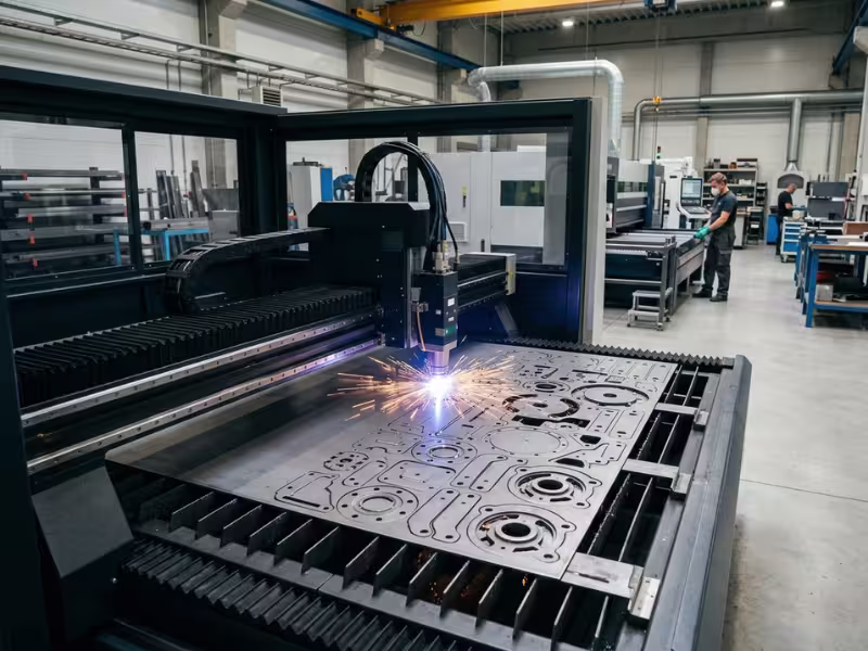 Laser cutting sheet metal in a fabrication shop Laser cutting sheet metal in a fabrication shop