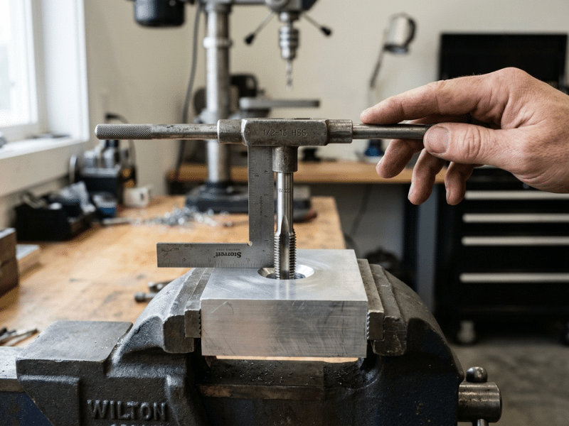 Machinist's square checking that a hand tap is straight Machinist's square checking that a hand tap is straight
