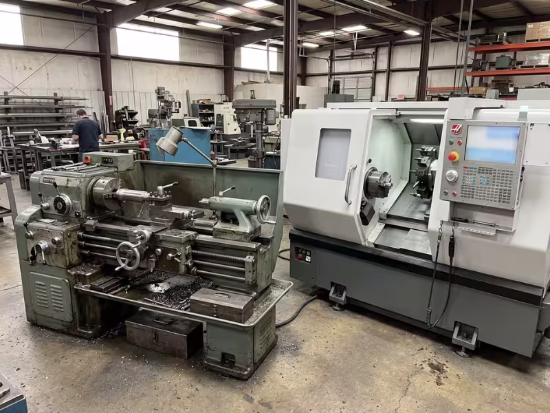 Manual lathe beside an enclosed CNC turning center Manual lathe beside an enclosed CNC turning center
