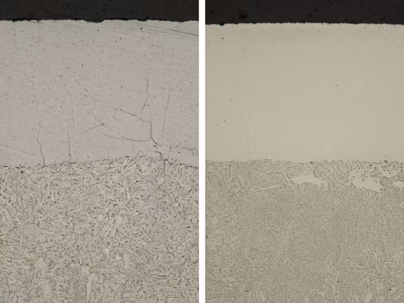 Microcracked hard chrome vs. dense electroless nickel cross section Microcracked hard chrome vs. dense electroless nickel cross section